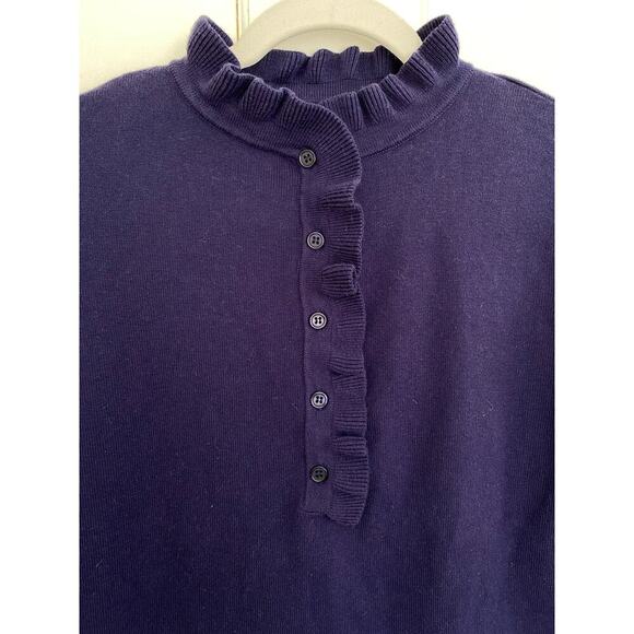 Burgess Cotton Cashmere Navvy Blue Ruffle Neck Sleeve Button Sweater Pullover - Picture 4 of 7